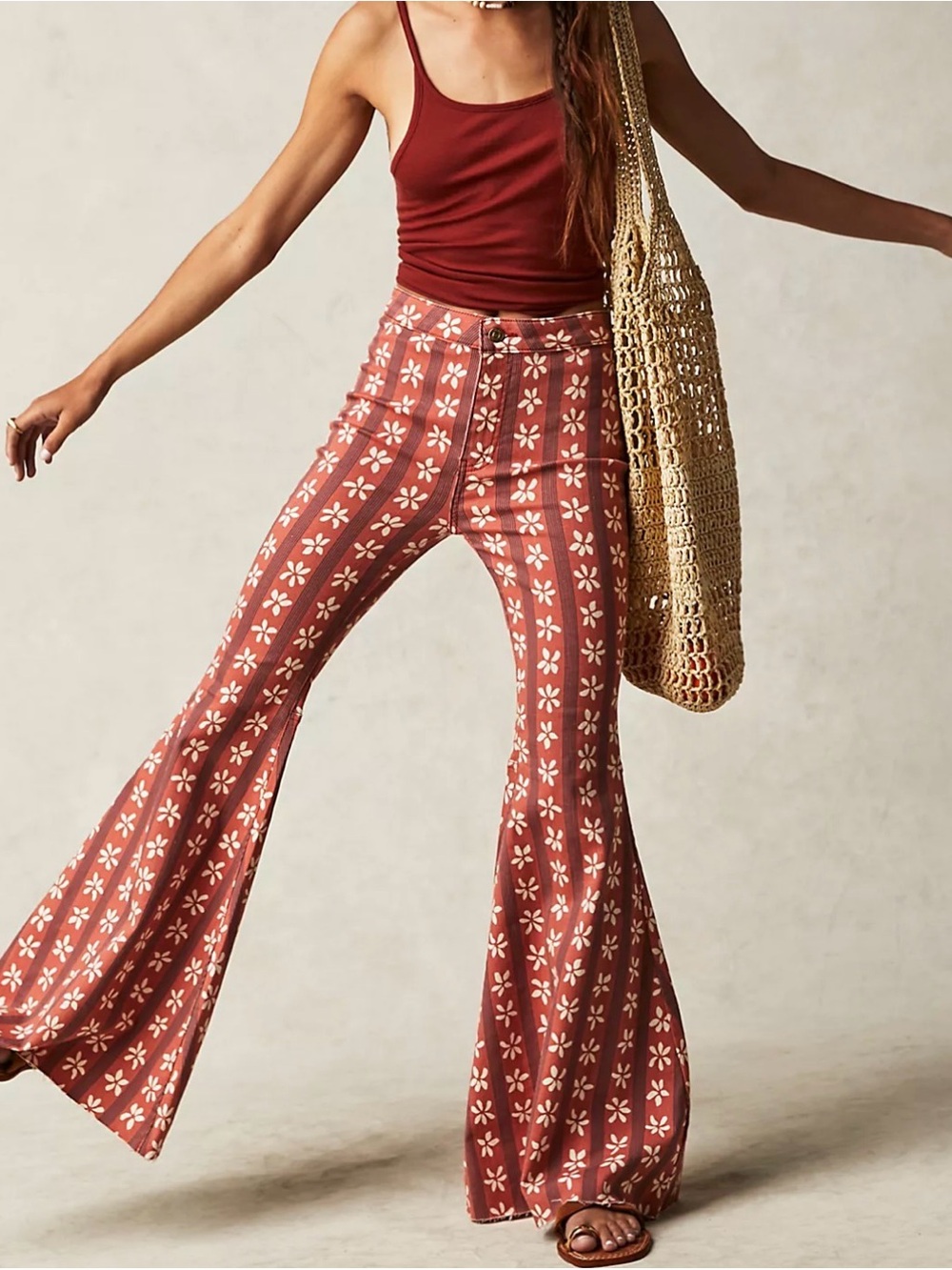 We The Free People Just Float On Printed Flare Jeans Sunflower Sz 32 Hippie Boho